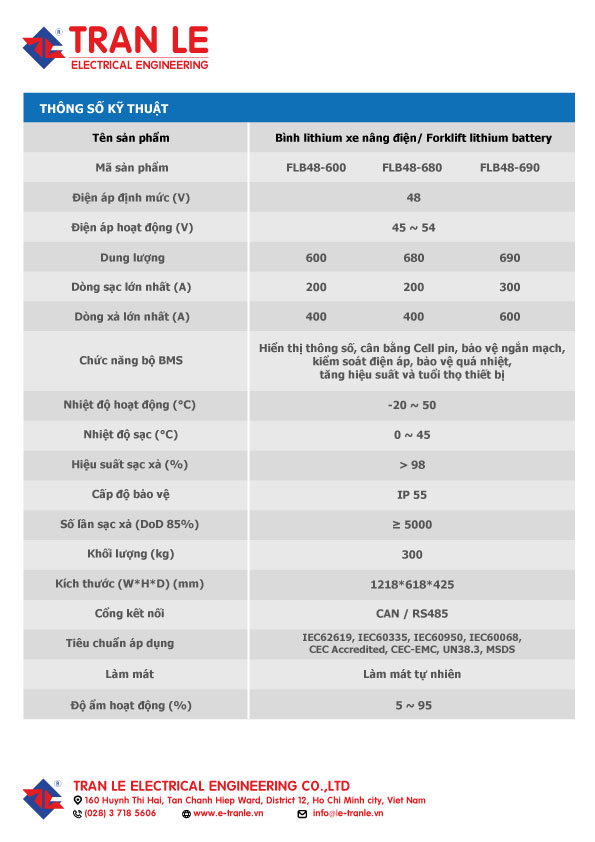 Thông số kỹ thuật Bình lithium xe nâng điện 48V 600Ah